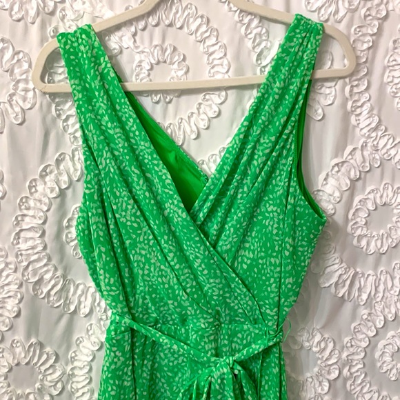 DKNY Bright Green White Lined Ruched Hi Low Lightweight Belted Zip Up Dress 16 - Picture 3 of 8